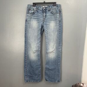 BKE Jeans Mens (33R) 33x32 Denim Derek Buckle Straight Distressed Denim Blue